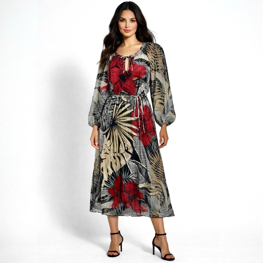 NWT Tommy Bahama Long Sleeve Floral Midi Dress XS Belted Flowy Romantic Resortβ